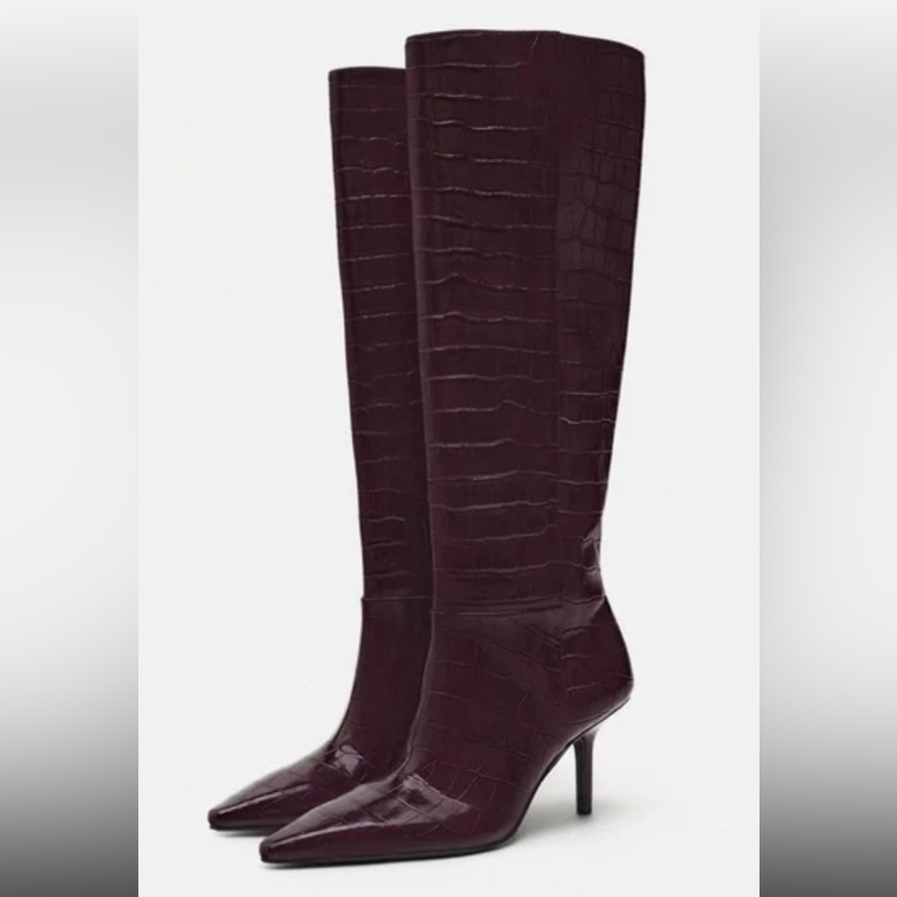Zara Burgundy Croc-Embossed Heeled Boots